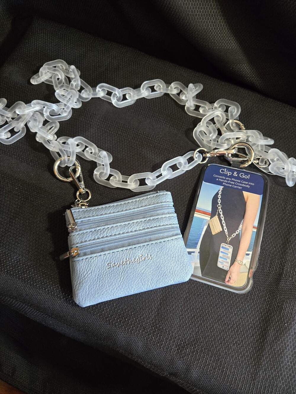 Save The Girls Clip & Go Light Blue Coin Pouch with Clear Chain Strap